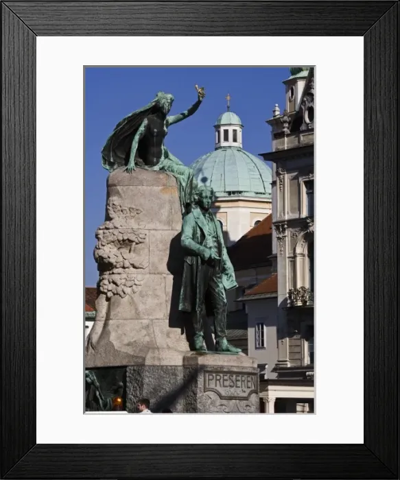 Framed Print : Statue of France Preseren, a Slovenian poet and national hero, and baroque-style Church of St Framed Print : Statue of France Preseren, a Slovenian poet and national hero, and baroque-style Church of St