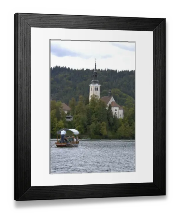 Framed Print : Slovenia, Bled, Lake Bled, pletna boat and Bled Island chapel Framed Print : Slovenia, Bled, Lake Bled, pletna boat and Bled Island chapel