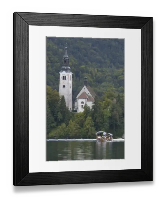 Framed Print : Slovenia, Bled, Lake Bled, pletna boat and Bled Island chapel Framed Print : Slovenia, Bled, Lake Bled, pletna boat and Bled Island chapel