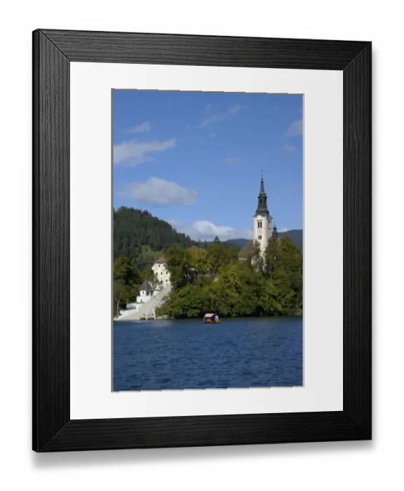 Framed Print : Slovenia, Bled, Lake Bled, pletna boat and Bled Island stairs Framed Print : Slovenia, Bled, Lake Bled, pletna boat and Bled Island stairs