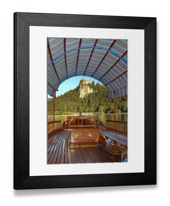 Framed Print : Slovenia, Bled, Lake Bled, pletna boat with view of Bled Castle