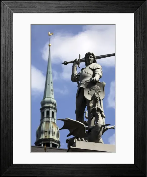 Framed Print : The statue of St. Michel fight against the dragon on House of Blackheads on Town