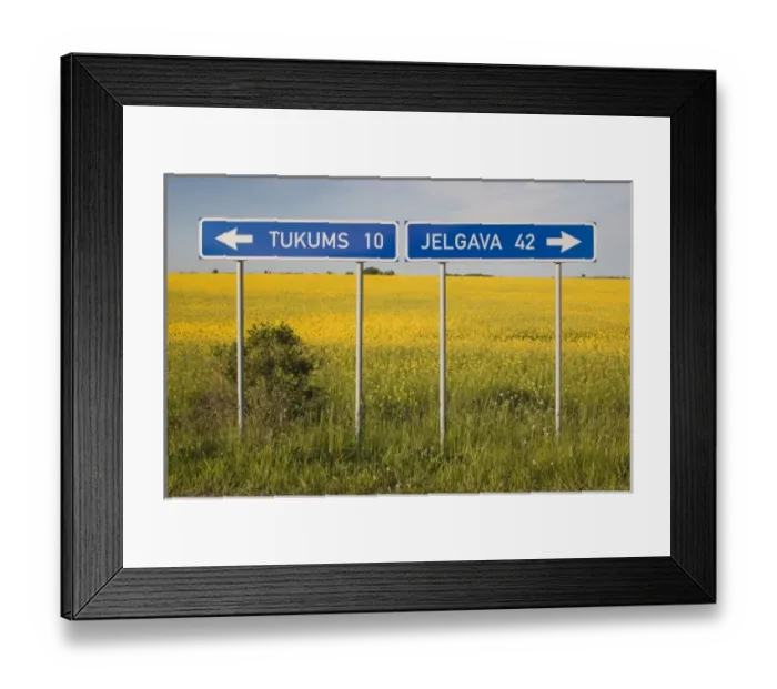 Framed Print : Latvia, Western Latvia, Kurzeme Region, Tukums, Route P-98, road signage, springtime Framed Print : Latvia, Western Latvia, Kurzeme Region, Tukums, Route P-98, road signage, springtime
