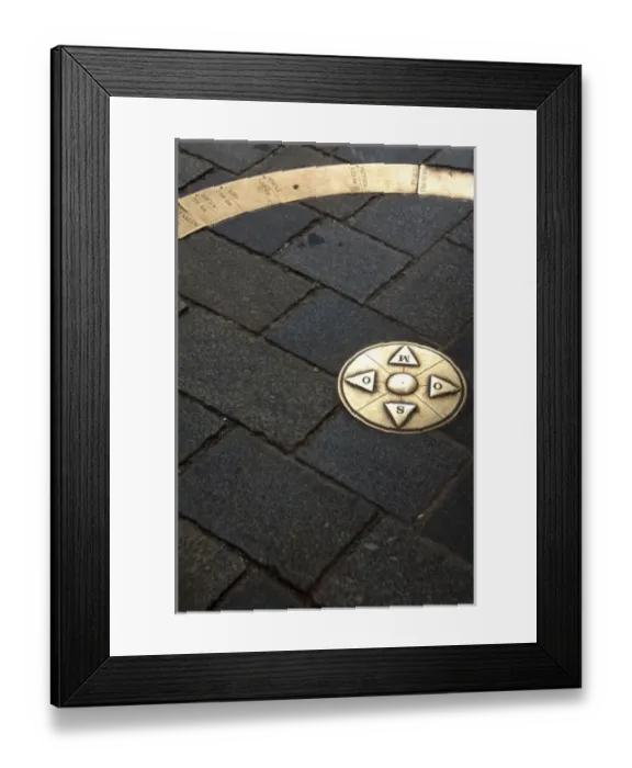 Framed Print : Slovakia, Bratislava. Mile marker zero set in cobblestone street below St. Michaels Gate Framed Print : Slovakia, Bratislava. Mile marker zero set in cobblestone street below St. Michaels Gate