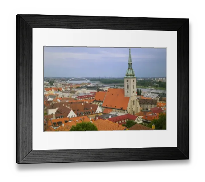 Framed Print : Old town dominated by St. Martins Cathedral, suspension bridge over Danube River Framed Print : Old town dominated by St. Martins Cathedral, suspension bridge over Danube River