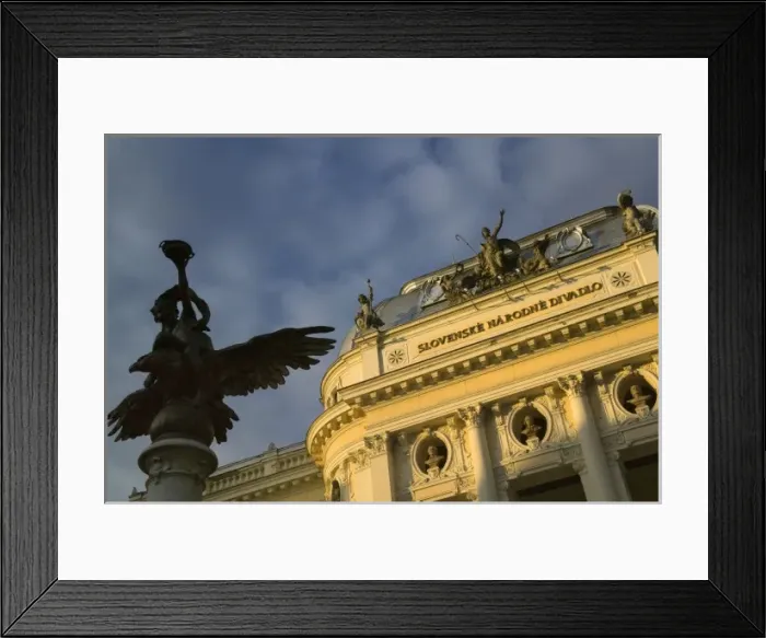 Framed Print : Opera house with bronze sculpture, Bratislava, Slovakia Framed Print : Opera house with bronze sculpture, Bratislava, Slovakia