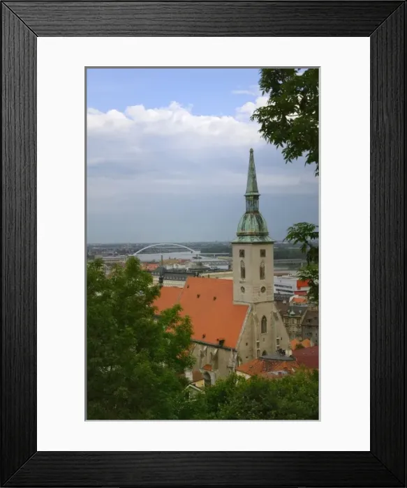 Framed Print : Old town dominated by St. Martins Cathedral, suspension bridge over Danube River