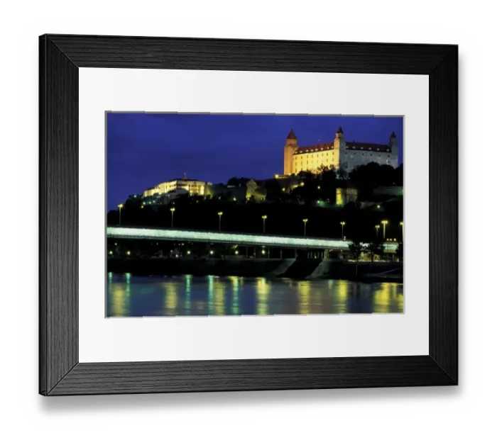 Framed Print : Slovakia, Bratislava. Evening view of Bratislava Castle and Slovak National Parliament