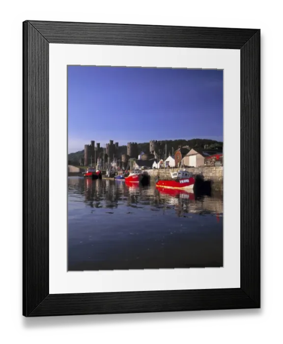 Framed Print : Wales, Conwy Co. Conwy. Fishing boats are moored at days end at the quay near