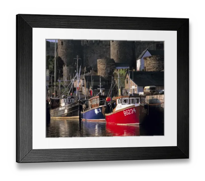 Framed Print : Wales, Conwy Co. Conwy. The setting sun highlights these fishing boats & the Castle Framed Print : Wales, Conwy Co. Conwy. The setting sun highlights these fishing boats & the Castle