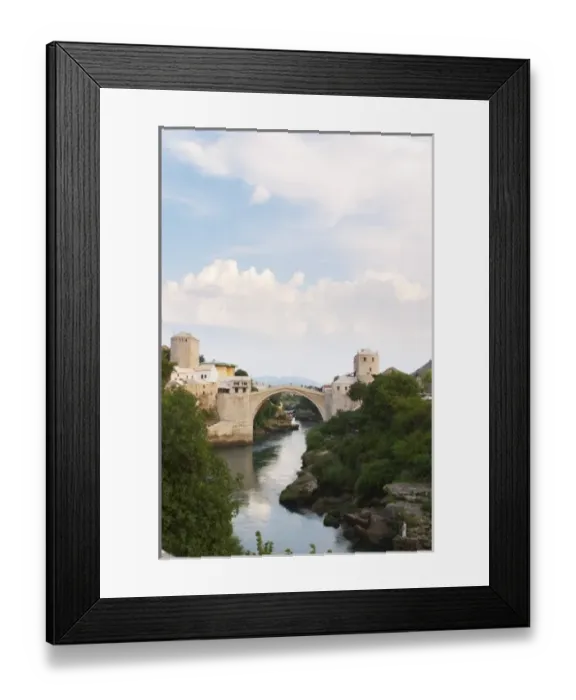 Framed Print : View along the river of the old reconstructed bridge. Historic town of Mostar. Federation Framed Print : View along the river of the old reconstructed bridge. Historic town of Mostar. Federation