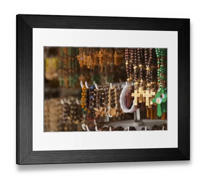 Framed Print : Souvenirs for pilgrims, rosary beads, with crosses with the name Medugorje, near Mostar Framed Print : Souvenirs for pilgrims, rosary beads, with crosses with the name Medugorje, near Mostar