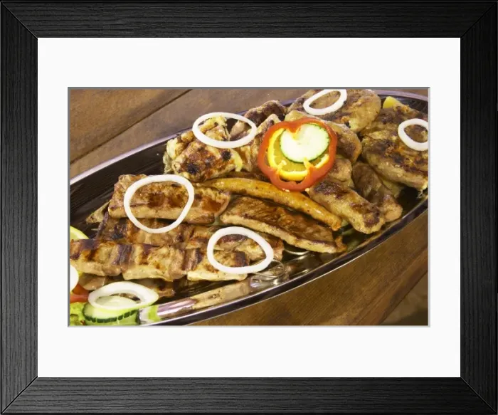 Framed Print : Plate with many types of different grilled meat, pork chops, spare ribs, sausages Framed Print : Plate with many types of different grilled meat, pork chops, spare ribs, sausages