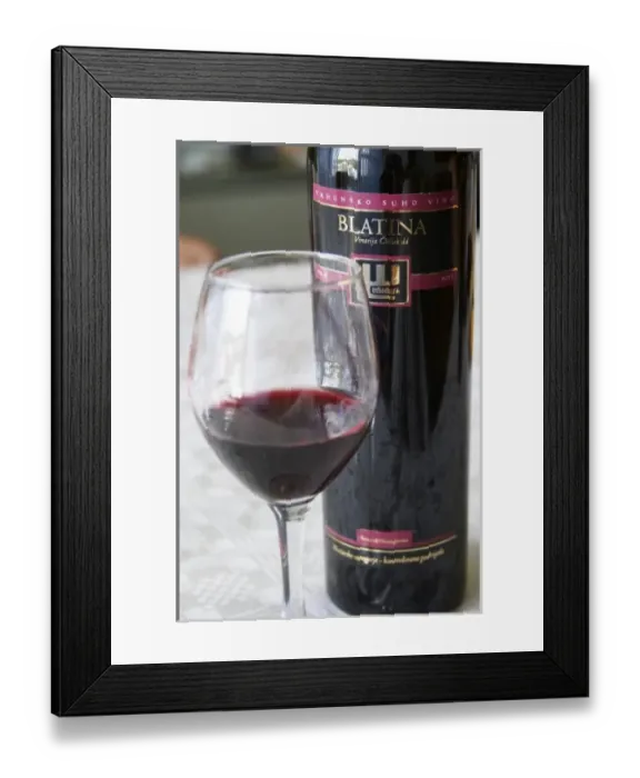 Framed Print : Tasting room, bottle of Blatina Vrhunsko Suho Vino red wine. Vinarija Citluk winery