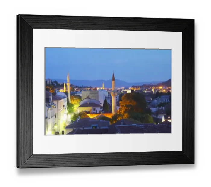 Framed Print : Along The sopping, pedestrian and cafe street Brace Fejica. Mosque minarets. Historic Framed Print : Along The sopping, pedestrian and cafe street Brace Fejica. Mosque minarets. Historic
