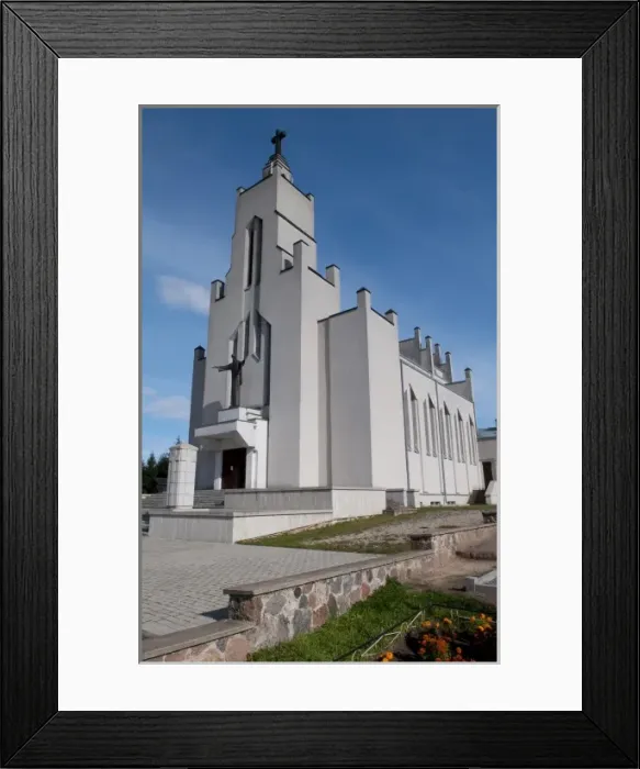 Framed Print : St. Pauls Church with flowers in village of Truskavos, Lithuania