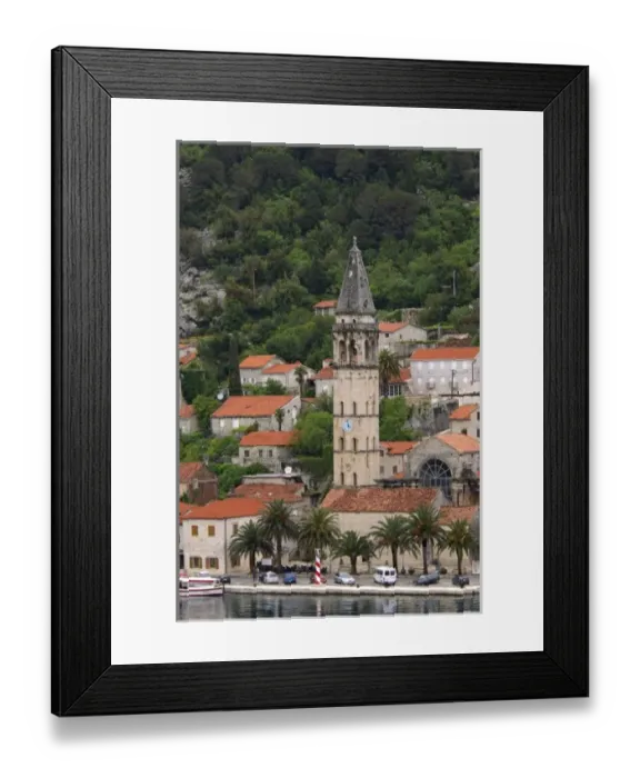 Framed Print : Europe, Montenegro, Perast. Medieval seaside town of Perast located in the Bay of Kotor