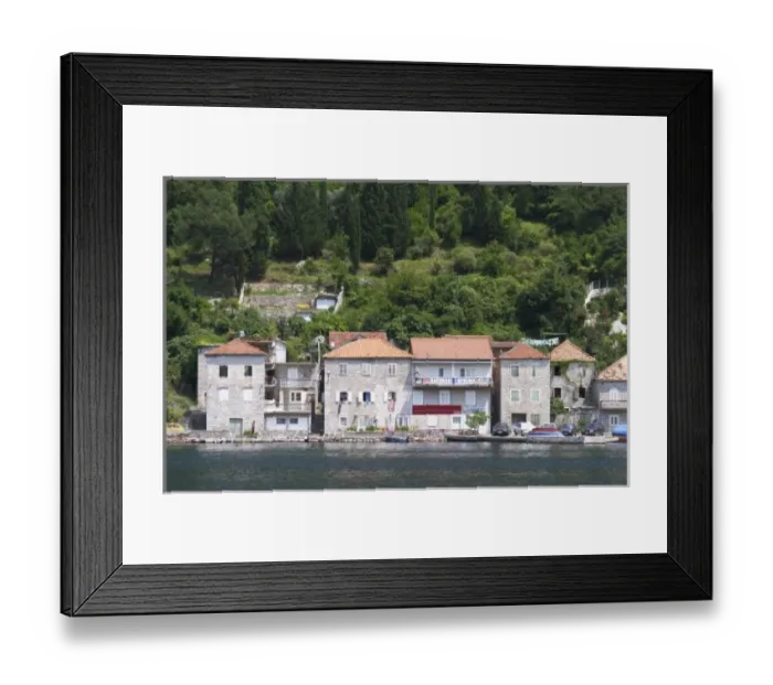 Framed Print : Stone houses along the water edge in Lepetani. Montenegro, Balkan, Europe Framed Print : Stone houses along the water edge in Lepetani. Montenegro, Balkan, Europe