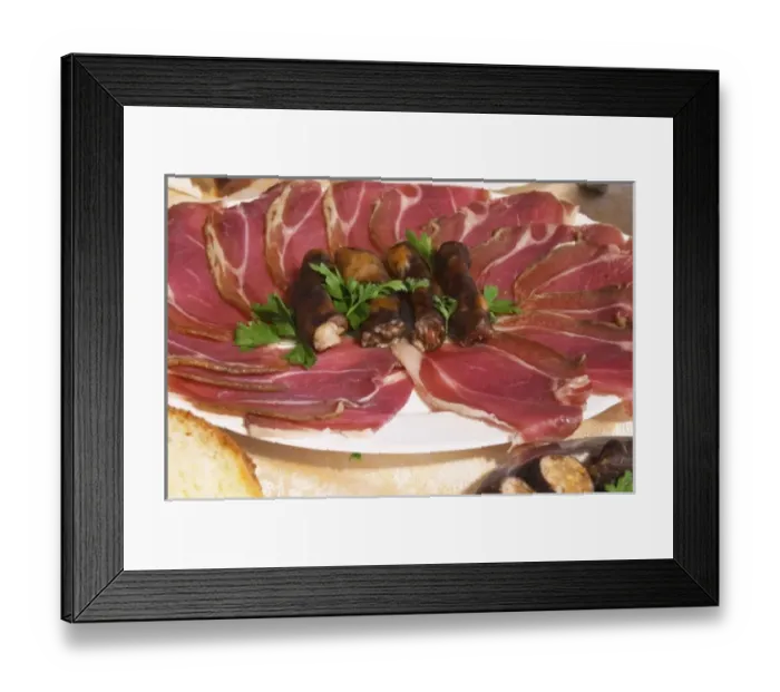 Framed Print : Montenegrin food speciality: Smoked and cured ham and smoked sausages. Durovic Jovo Winery