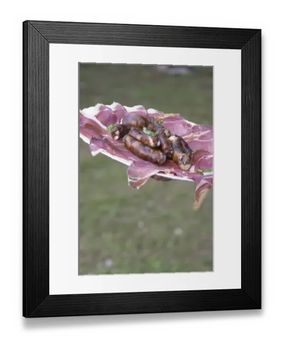 Framed Print : Montenegrin food speciality: dried and smoked cured ham and smoked sausages. Durovic Jovo Winery