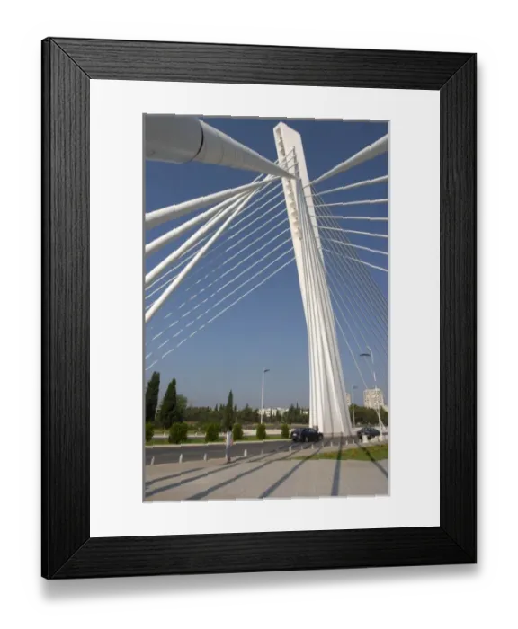 Framed Print : The Millennium Bridge spans Moraca River with cables that form a graphic pattern Framed Print : The Millennium Bridge spans Moraca River with cables that form a graphic pattern