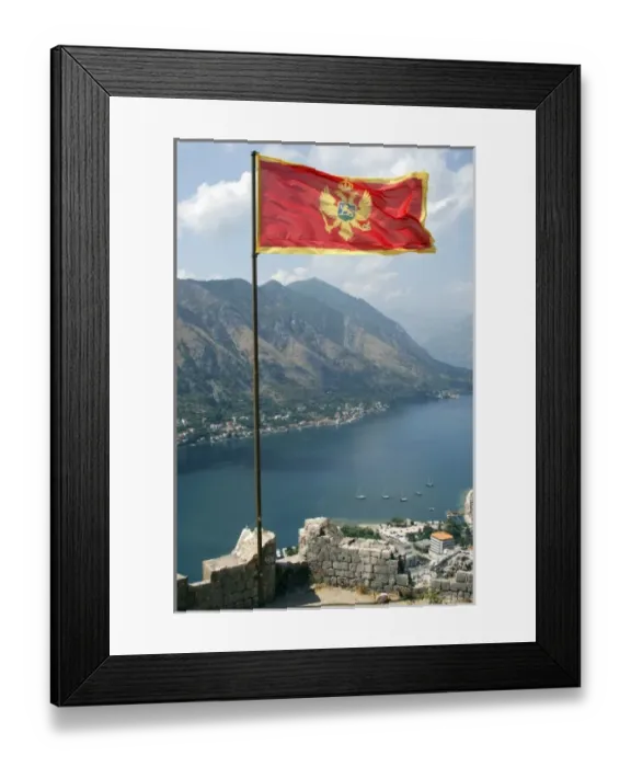 Framed Print : Flag of the Republic of Montenegro with the fjord at the background. Kotor Framed Print : Flag of the Republic of Montenegro with the fjord at the background. Kotor