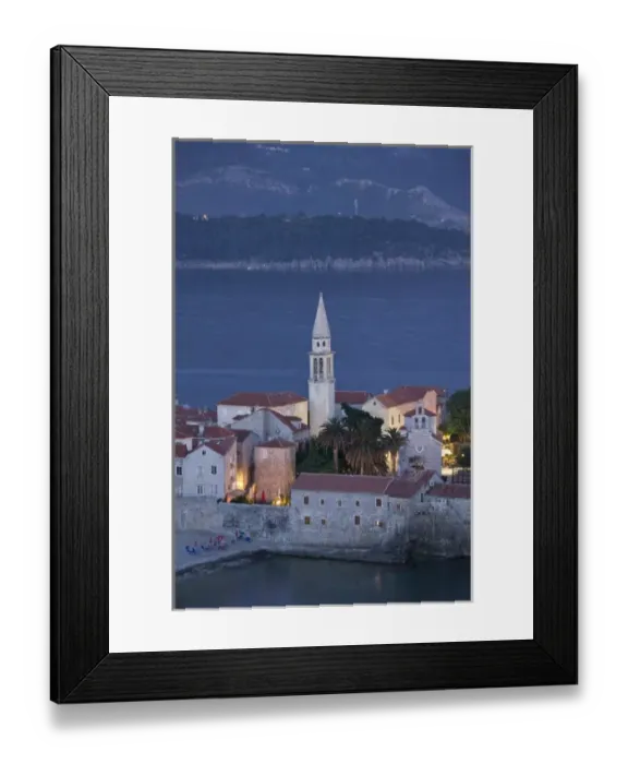 Framed Print : Montenegro, Budva. Aerial View of Budva Old Town / Stari Grad - Dusk Framed Print : Montenegro, Budva. Aerial View of Budva Old Town / Stari Grad - Dusk