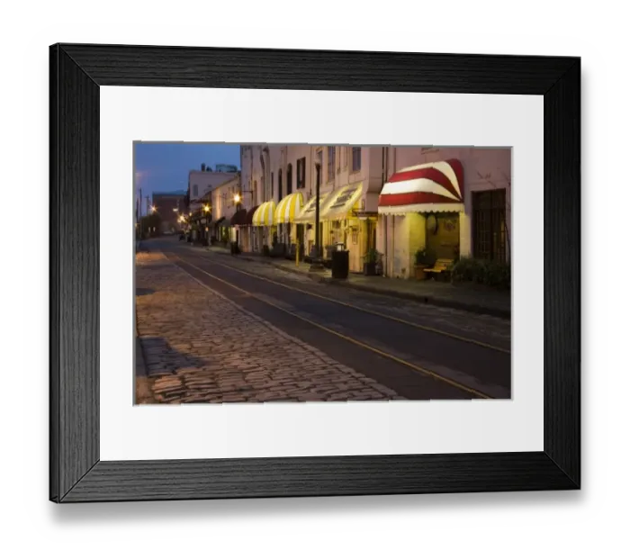Framed Print : USA, Georgia, Savannah. Scenic view of the cobblestone River Street at night in Framed Print : USA, Georgia, Savannah. Scenic view of the cobblestone River Street at night in