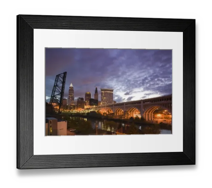 Framed Print : USA, Ohio, Cleveland: Downtown View with the Detroit Avenue Bridge from the Flats Framed Print : USA, Ohio, Cleveland: Downtown View with the Detroit Avenue Bridge from the Flats