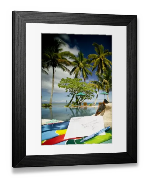 Framed Print : Postcard, pen, hat and glasses. Beautiful tropical holiday at Beqa Lagoon Resort Framed Print : Postcard, pen, hat and glasses. Beautiful tropical holiday at Beqa Lagoon Resort