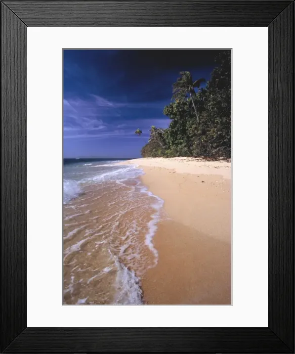 Framed Print : Fiji Islands, Tavarua. Lacy surf creeps over the sand on Tavarua, Fiji Islands