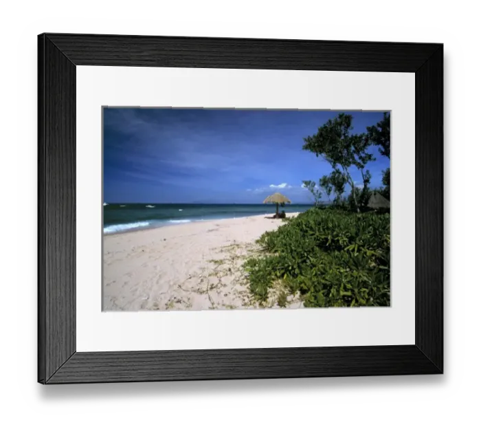 Framed Print : Fiji Islands, Tavarua. A solitary hut marks the beach on Tavarua, in the Fiji Islands