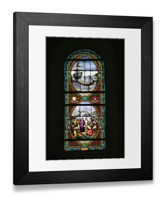 Framed Print : New Caledonia, Northern Grande Terre Island, Balade. Stained glass window commemorating Framed Print : New Caledonia, Northern Grande Terre Island, Balade. Stained glass window commemorating