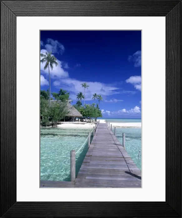 Framed Print : The perfect scene of wooden dock walkway over water in beautiful Tahiti in Bora Bora