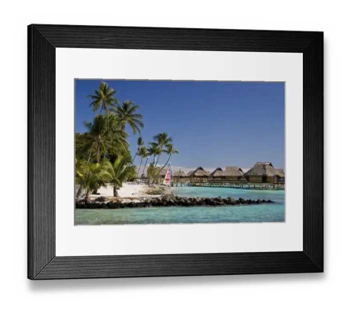 Framed Print : French Polynesia, Bora Bora. Bungalows and beach with Hobie Cat sailboat