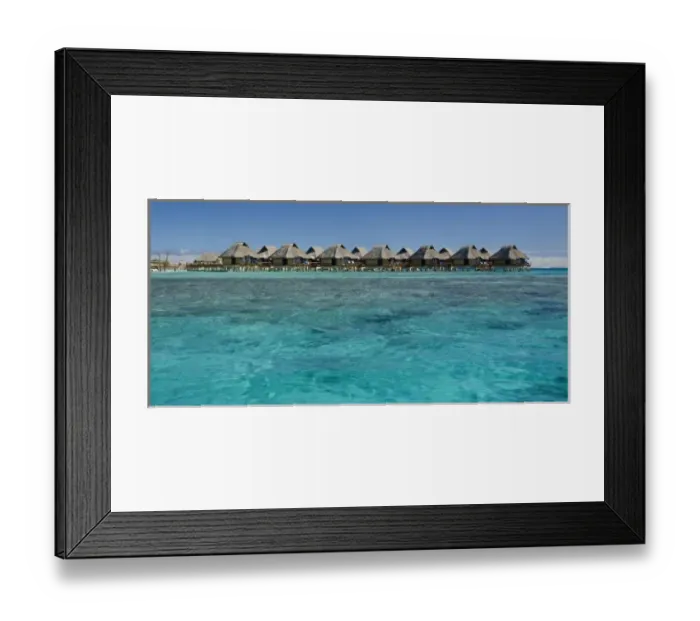 Framed Print : French Polynesia, Bora Bora. Over-water bungalows with grass thatched roofs Framed Print : French Polynesia, Bora Bora. Over-water bungalows with grass thatched roofs