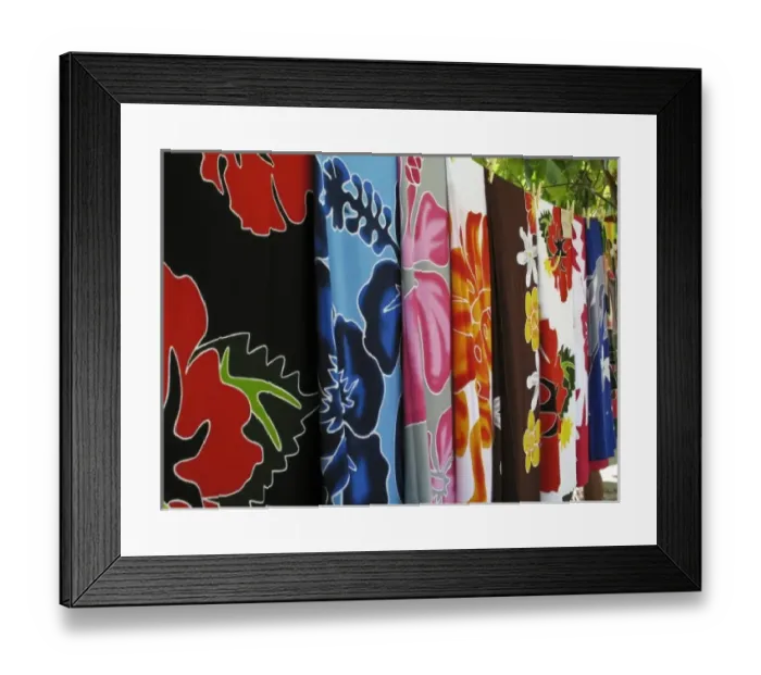 Framed Print : French Polynesia. Colorful tropical print fabrics