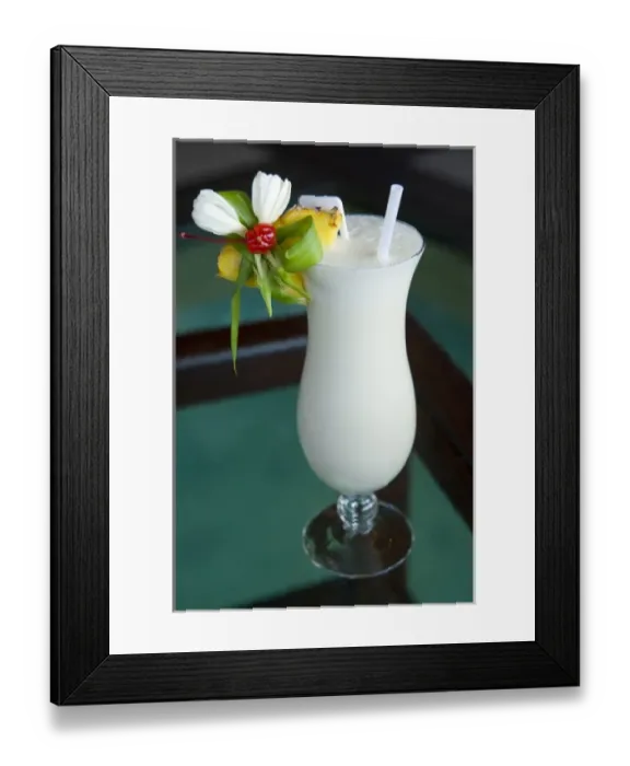 Framed Print : French Polynesia, Society Islands, Rangiroa. Close-up of pina colada drink garnished with fruit Framed Print : French Polynesia, Society Islands, Rangiroa. Close-up of pina colada drink garnished with fruit