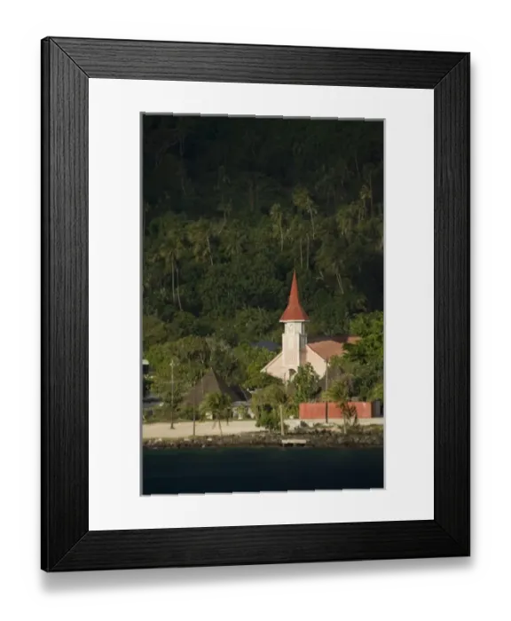 Framed Print : French Polynesia, Society Islands, Bora Bora. A red-roofed church at the waters edge