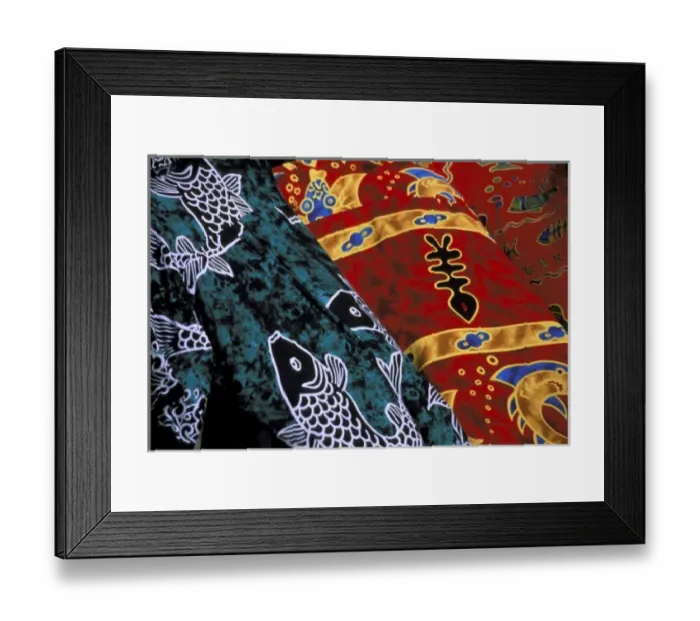 Framed Print : Society Islands, French Polynesia, Close-up of nautical designs on batik at a market Framed Print : Society Islands, French Polynesia, Close-up of nautical designs on batik at a market