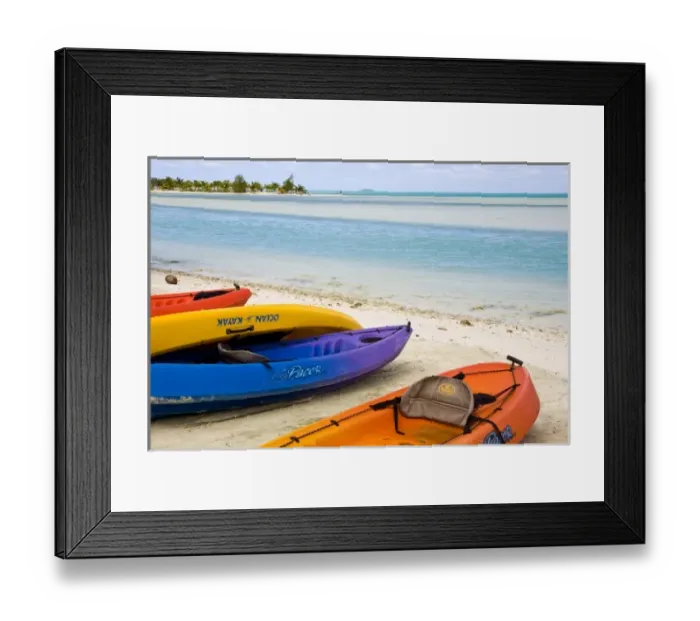 Framed Print : Polynesia, Cook Islands, Aitutaki. Colorful kayaks on the beach
