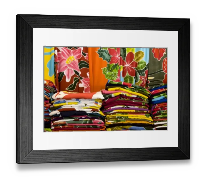 Framed Print : French Polynesia, Cook Islands, Rarotonga. Display of colorful tropical fabrics Framed Print : French Polynesia, Cook Islands, Rarotonga. Display of colorful tropical fabrics