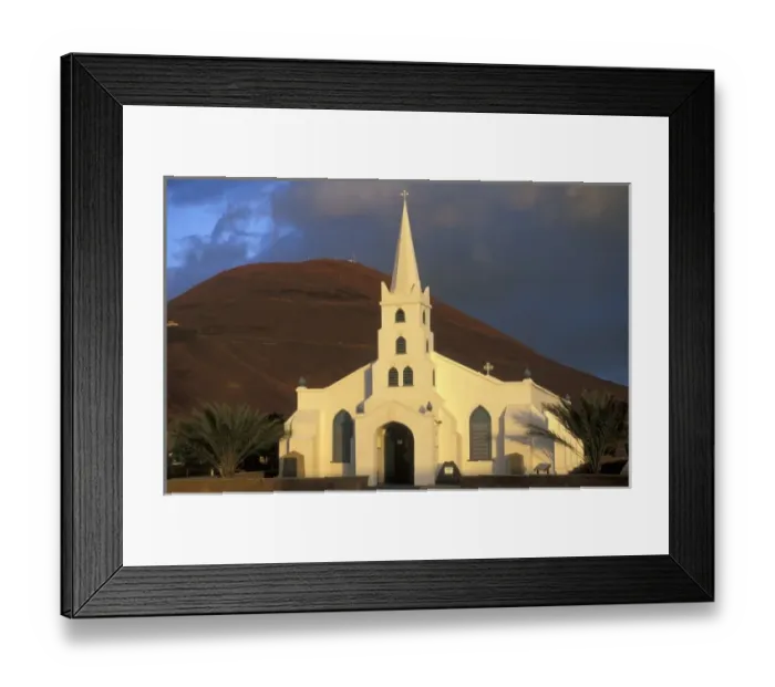 Framed Print : Ascension Island, Georgetown, St. Marys Church, built in 1847, sunset with Cross Hill behind