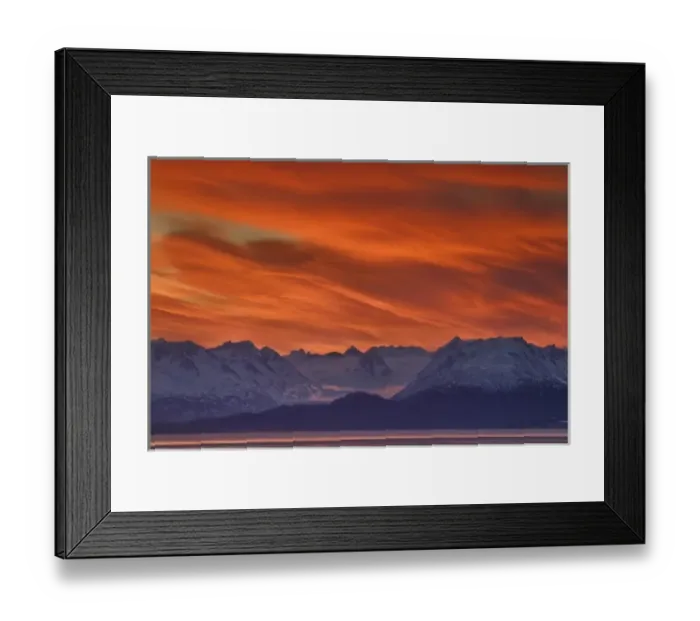 Framed Print : USA, Alaska, Kachemak Bay. Intense sunrise brightens the sky mountains Framed Print : USA, Alaska, Kachemak Bay. Intense sunrise brightens the sky mountains