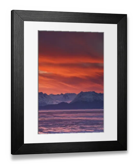Framed Print : USA, Alaska, Kachemak Bay. Intense sunrise brightens the sky mountains Framed Print : USA, Alaska, Kachemak Bay. Intense sunrise brightens the sky mountains