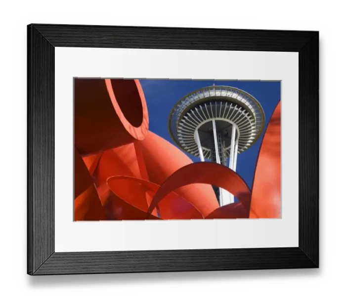 Framed Print : WA, Seattle, Space Needle with Olympic Iliad sculpture Framed Print : WA, Seattle, Space Needle with Olympic Iliad sculpture