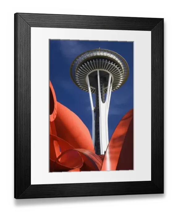 Framed Print : WA, Seattle, Space Needle with Olympic Iliad sculpture Framed Print : WA, Seattle, Space Needle with Olympic Iliad sculpture