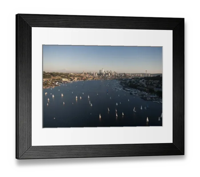 Framed Print : Seattle, Washington, aerial view of sailboats on Lake Union and downtown Seattle with Mt