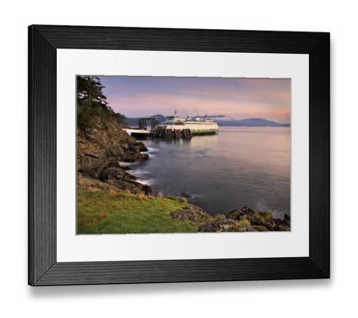 Framed Print : USA, Washington, San Juan Islands. A ferry at the Lopez Island dock at sunrise