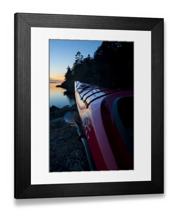 Framed Print : USA, San Juan Islands, Washington. Sea kayak ashore on Jones Island at sunset Framed Print : USA, San Juan Islands, Washington. Sea kayak ashore on Jones Island at sunset